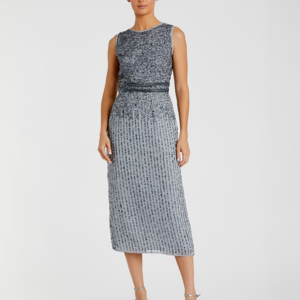 Sleeveless High Neck Beaded Midi Sheath Dress